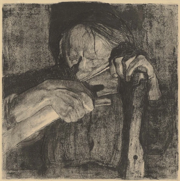 Käthe Kollwitz, Beim Dengeln, Blatt 3 aus dem Zyklus Bauernkrieg, 1905